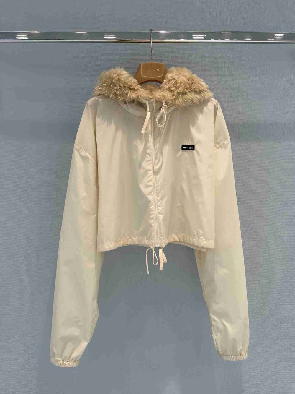 Miu Miu Cream Hooded Jacket with Beige Faux-Fur Trim